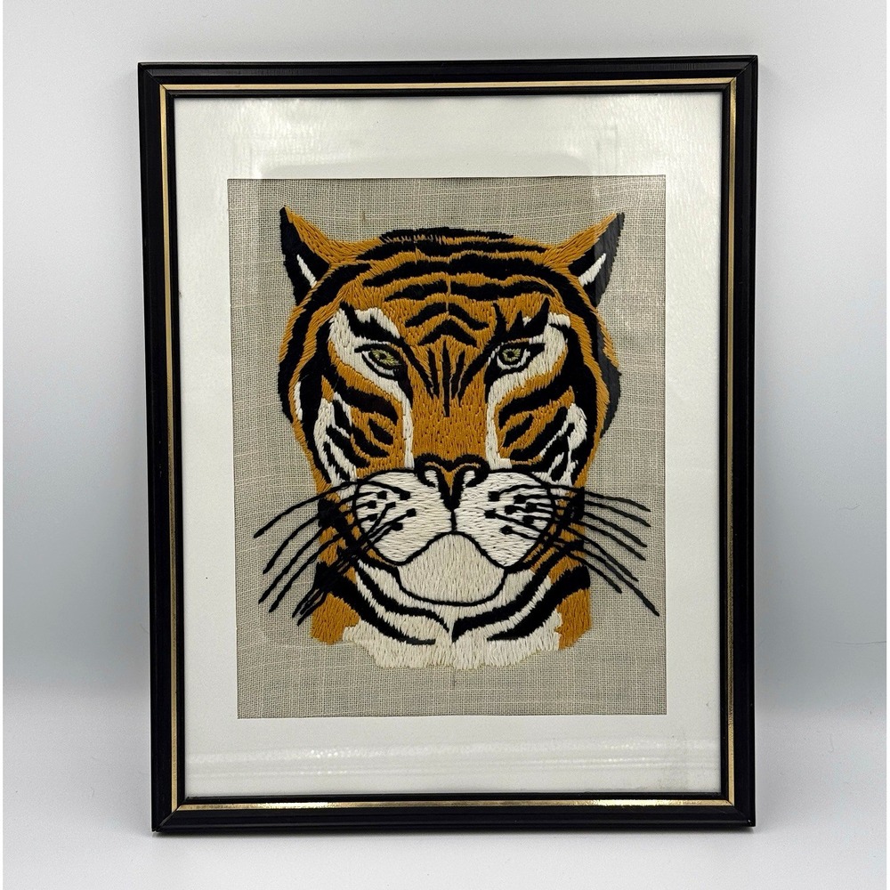 Vintage Framed Tiger Head Hand Stitched Needlepoint 11x14 Wall Art Decor Bold